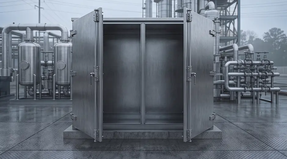 Stainless steel explosion-proof enclosure with doors open at an oil and gas refinery
